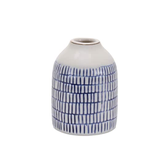 Blue Etched Ceramic Bud Vase Set